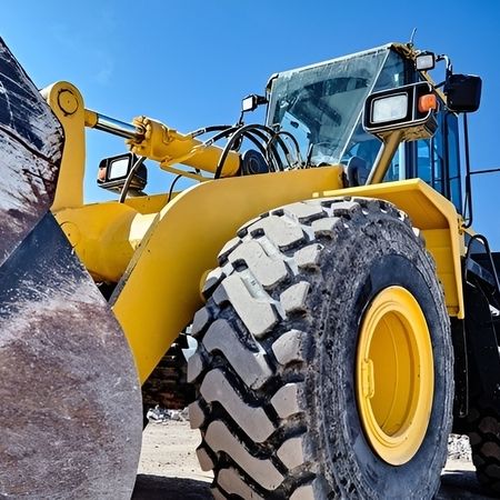 Ein gelber Bagger mit großen Reifen vor blauem Hintergrund