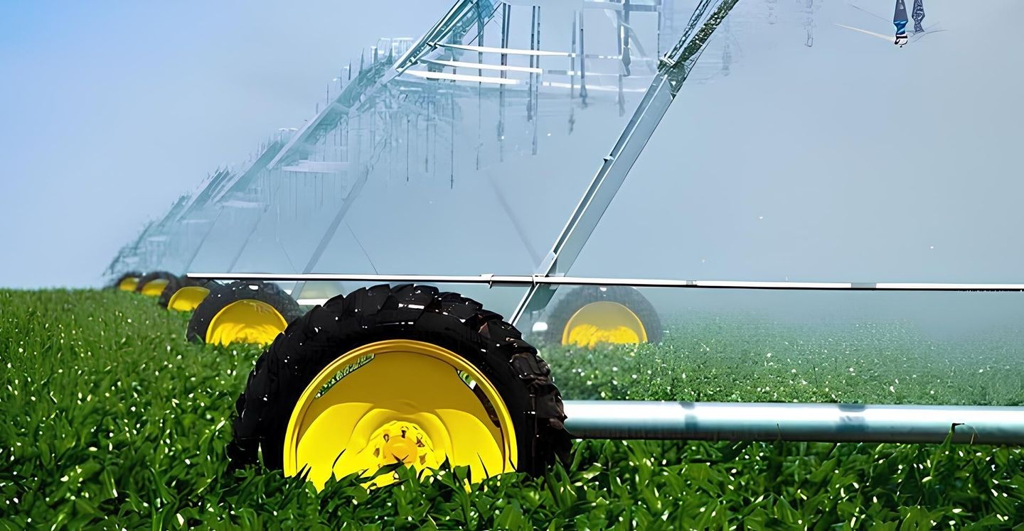 Ein grünes Feld mit einer Bewässerungsanlage mit Reifen